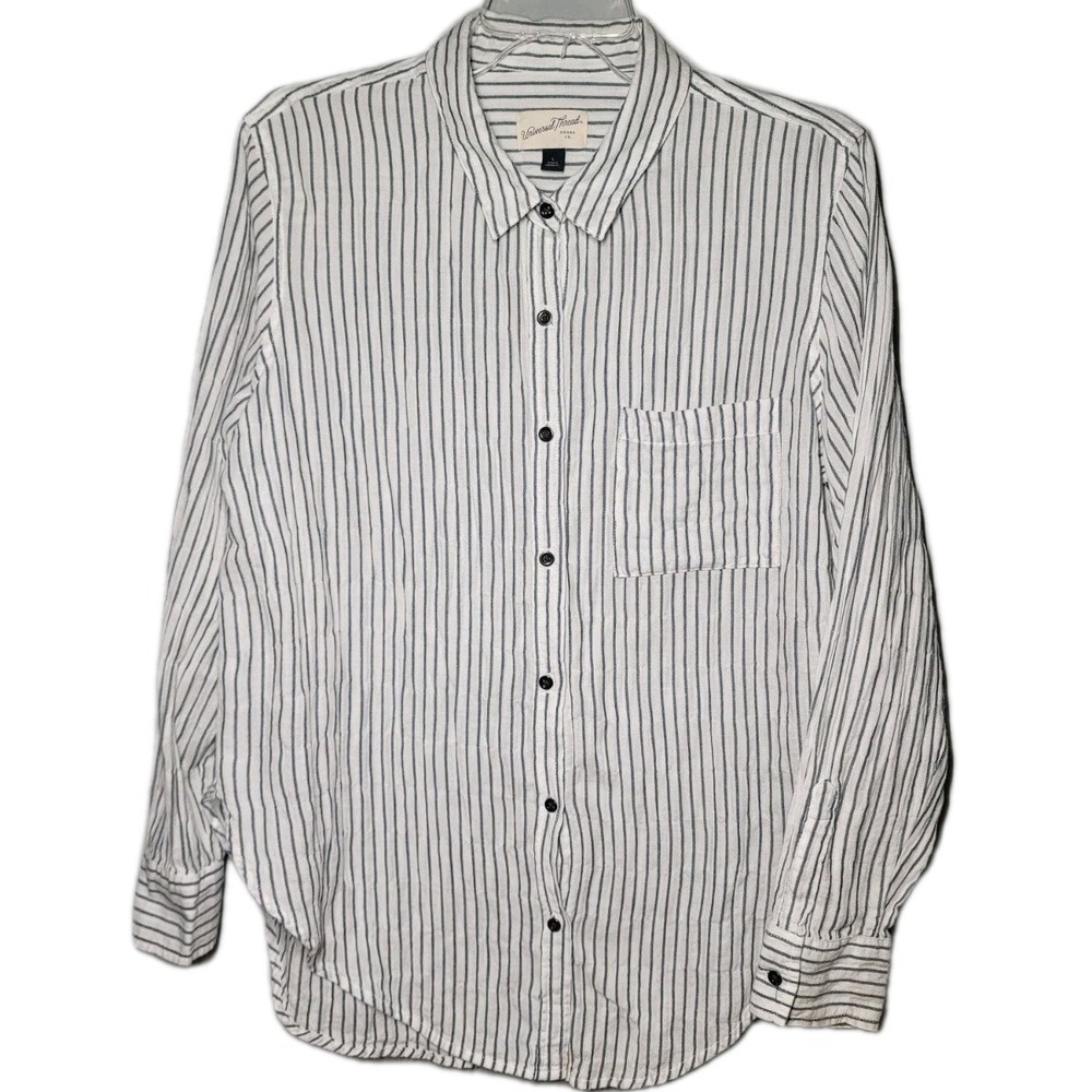 Universal Thread Women Long Sleeve Button Down Blouse White With Blue Stripes LG